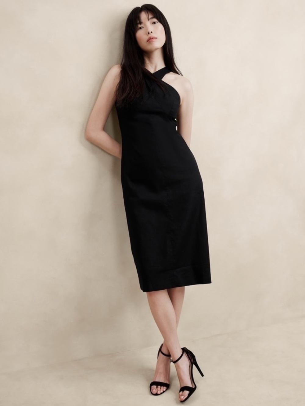 Banana Republic Black Cross Neck Linen Midi Dress
